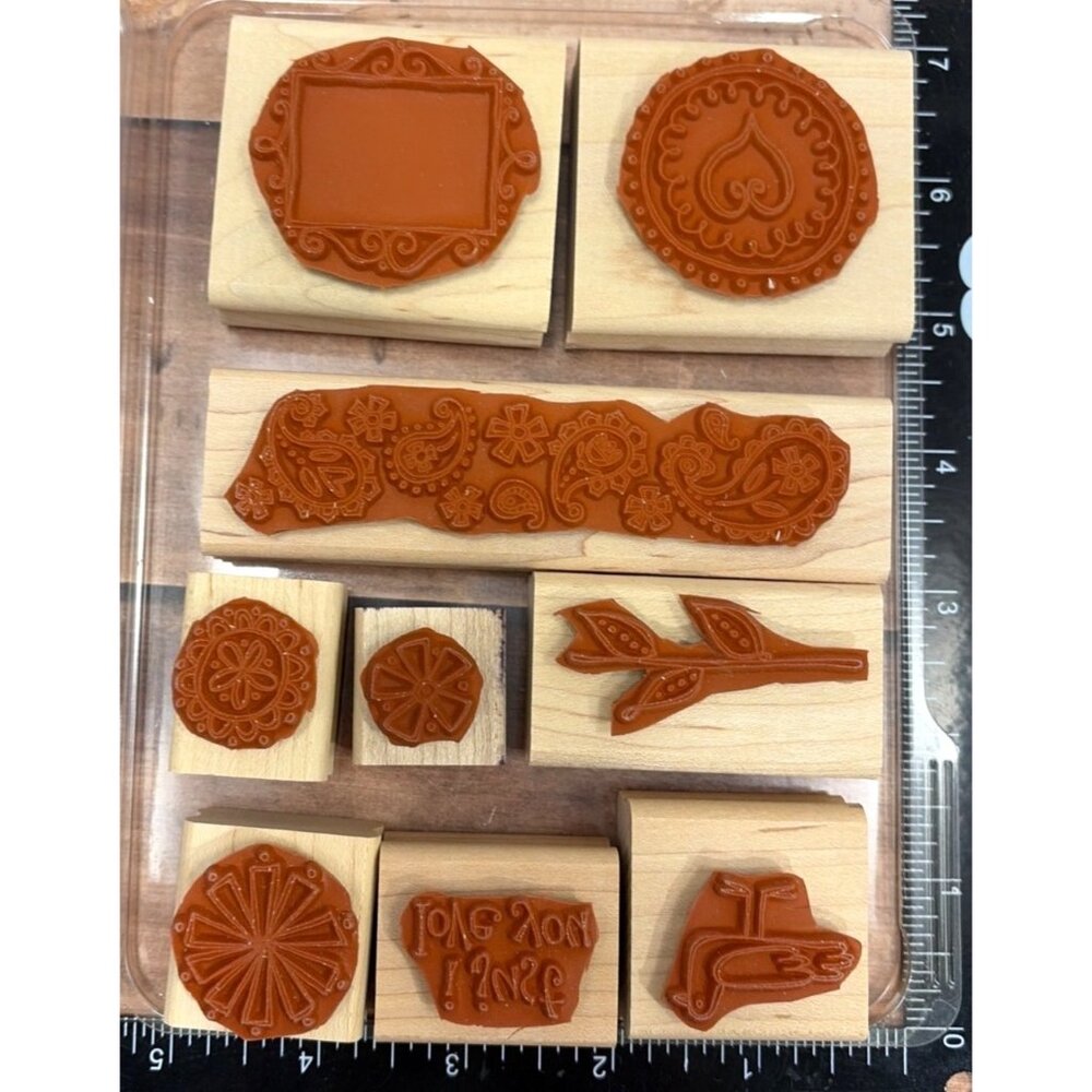 2006 STAMPIN' UP! DOUBLE LINE DOODLES WOOD MOUNTED RUBBER STAMP SET OF 9 PAISLEY - Picture 2 of 3